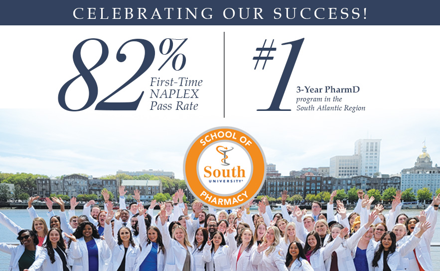 NAPLEX pass rate success banner with group of pharmacy students posing near the Savannah river in their white coats