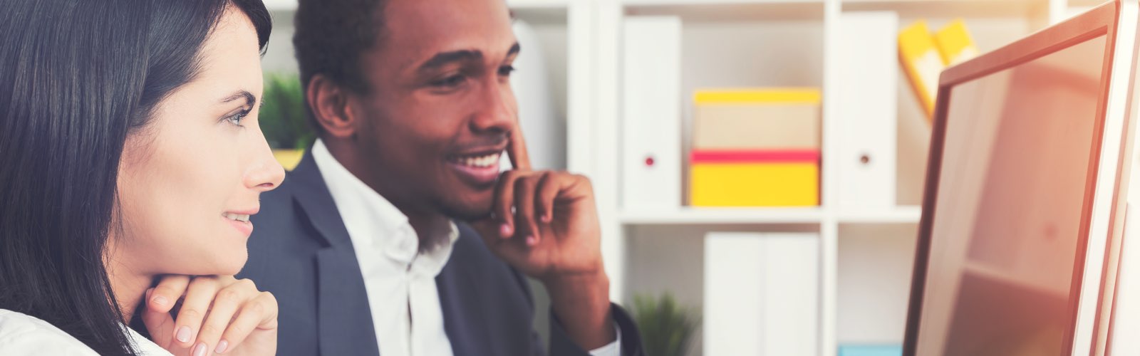 Male and female business professionals reviewing information on computer
